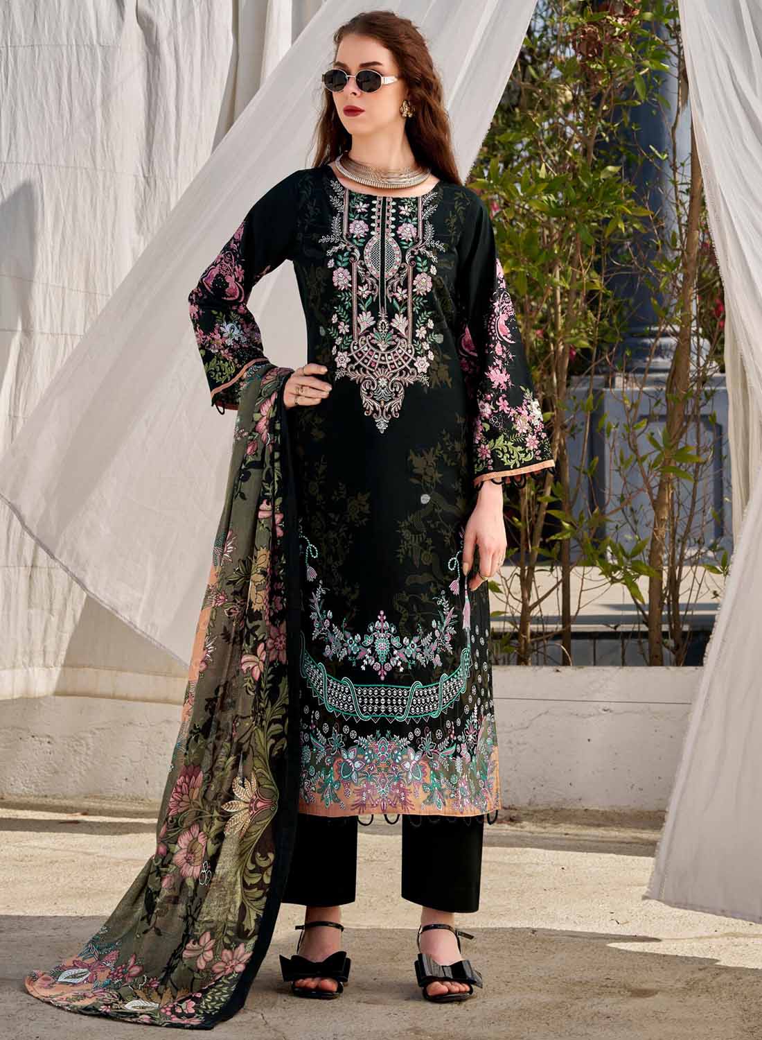 Pakistani Print Pure Cotton Black Unstitched Suit Material with Embroidery