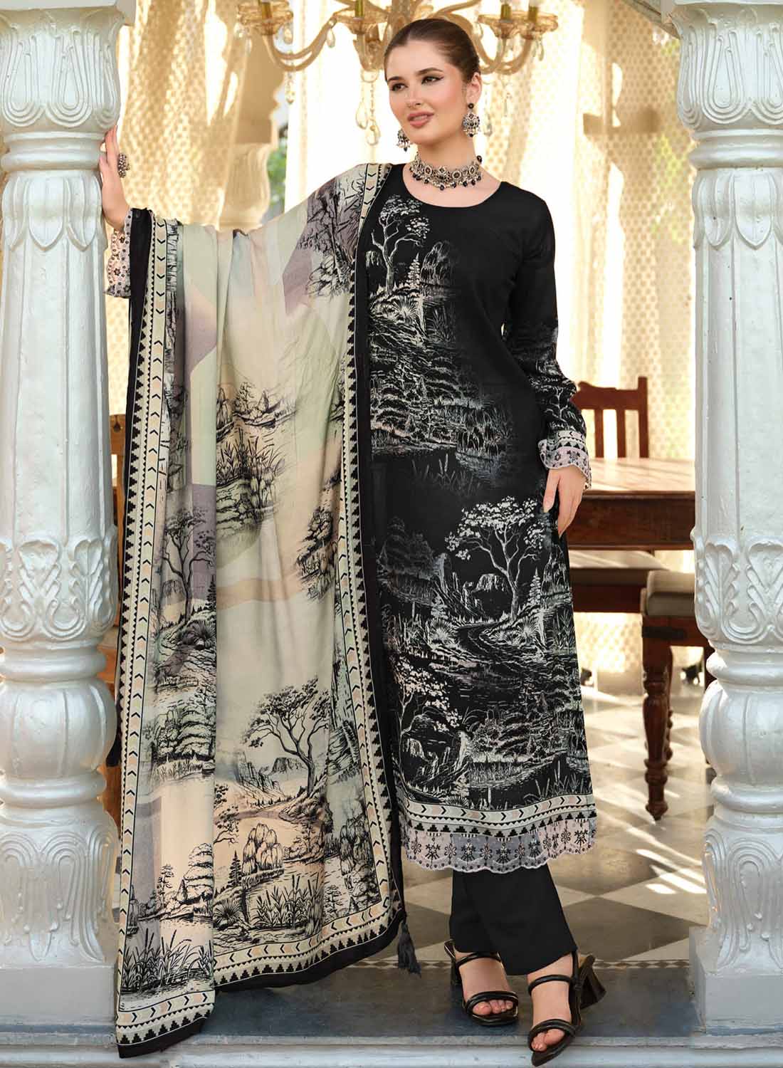 Black Viscose Pashmina Unstitched Winter Salwar Suit Material for Women