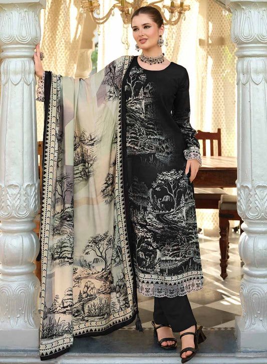 Black Viscose Pashmina Unstitched Winter Salwar Suit Material for Women