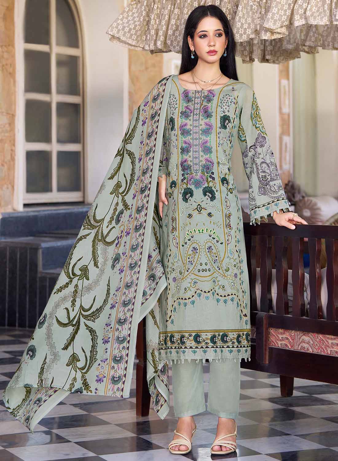 Pakistani Print Grey Unstitched Pure Cotton Suit Set Material with Embroidery