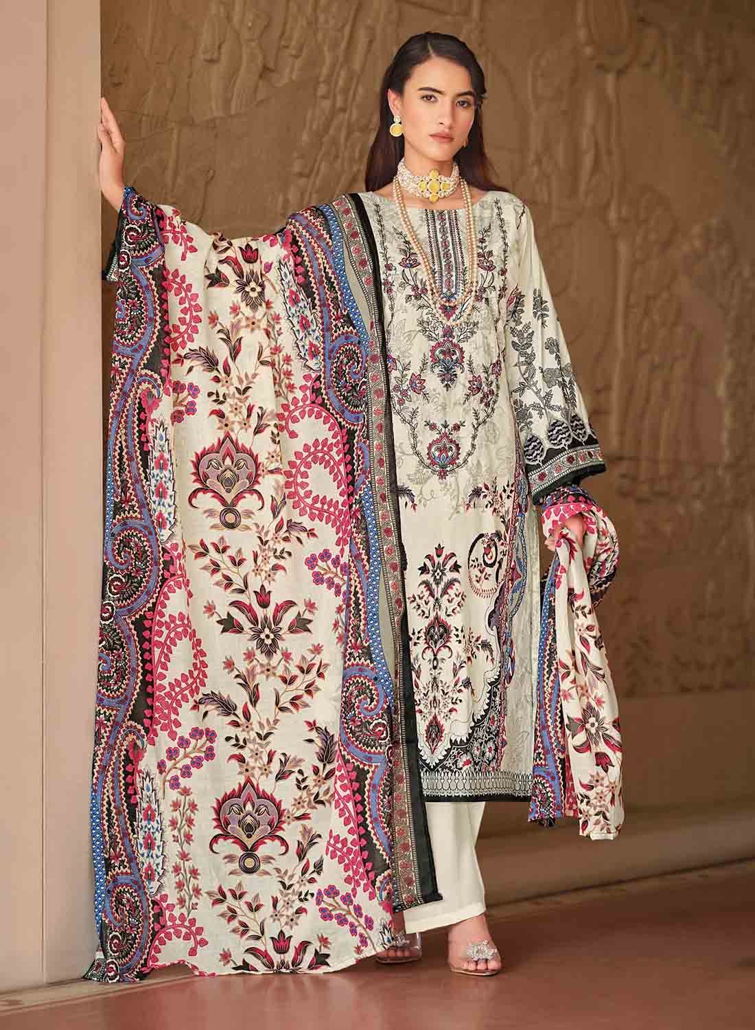Women's Off-White Pakistani Print Unstitched Cotton Suit Dress Material