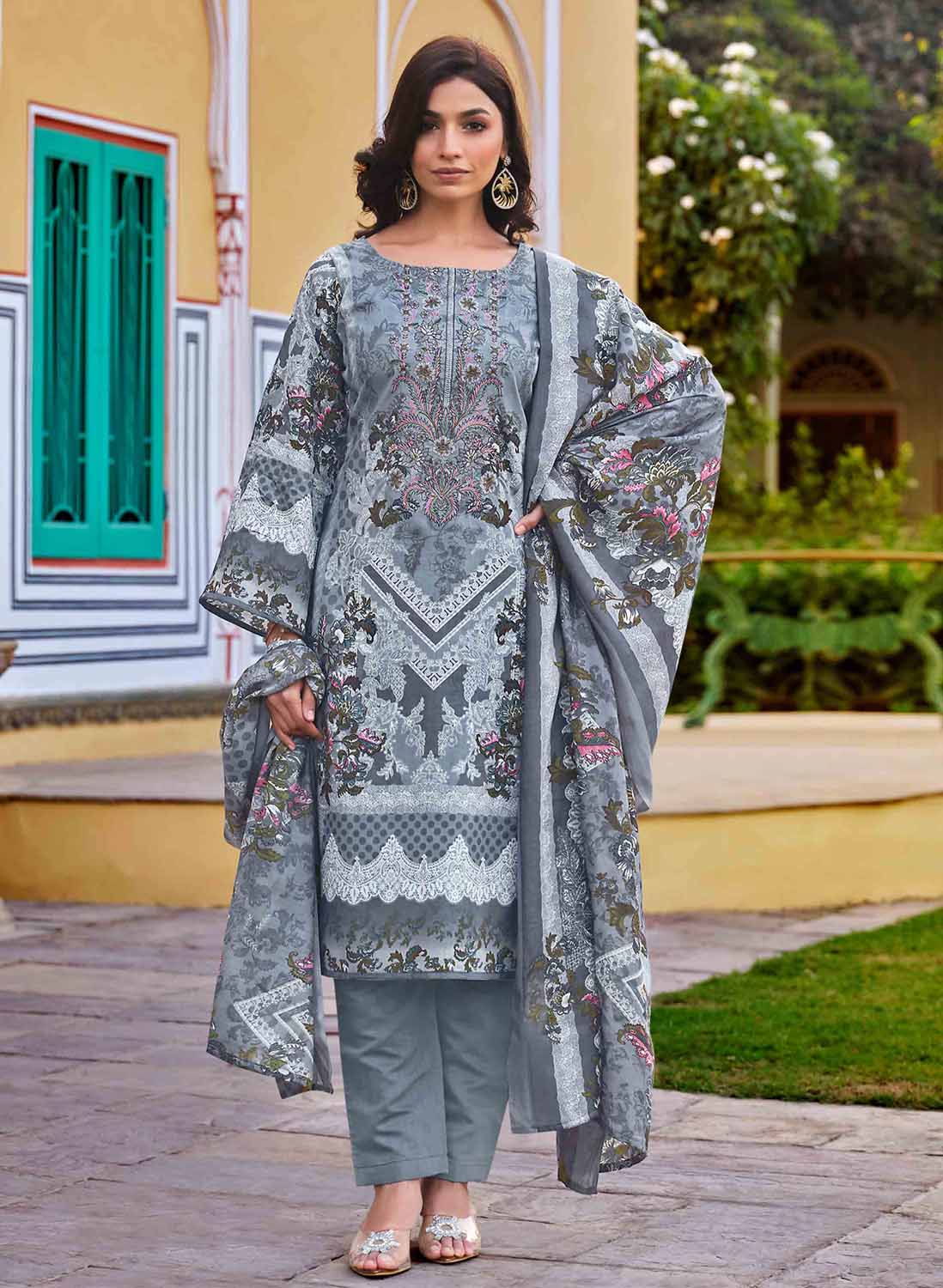 Belliza Pakistani Print Grey Unstitched Women Cotton Suit Material