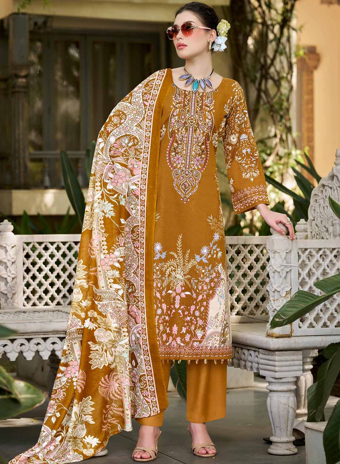 Pakistani Pure Cotton Unstitched Suit Material with Embroidery Mustard