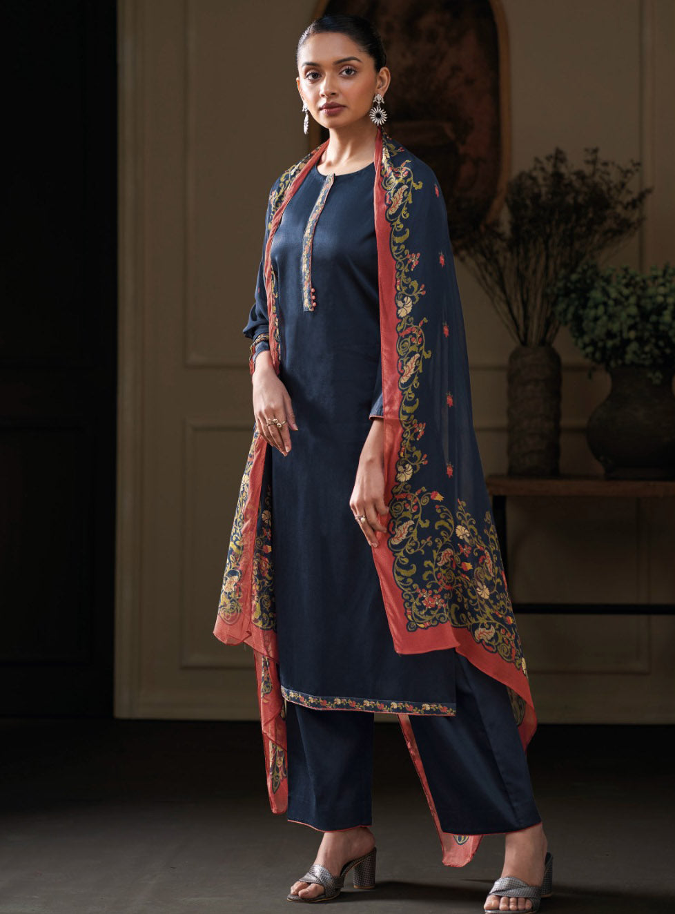 Ganga Cotton Silk Blue Unstitched Salwar Suit Material with Chiffon Dupatta
