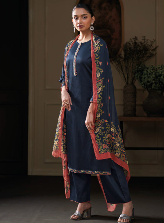 Ganga Cotton Silk Blue Unstitched Salwar Suit Material with Chiffon Dupatta