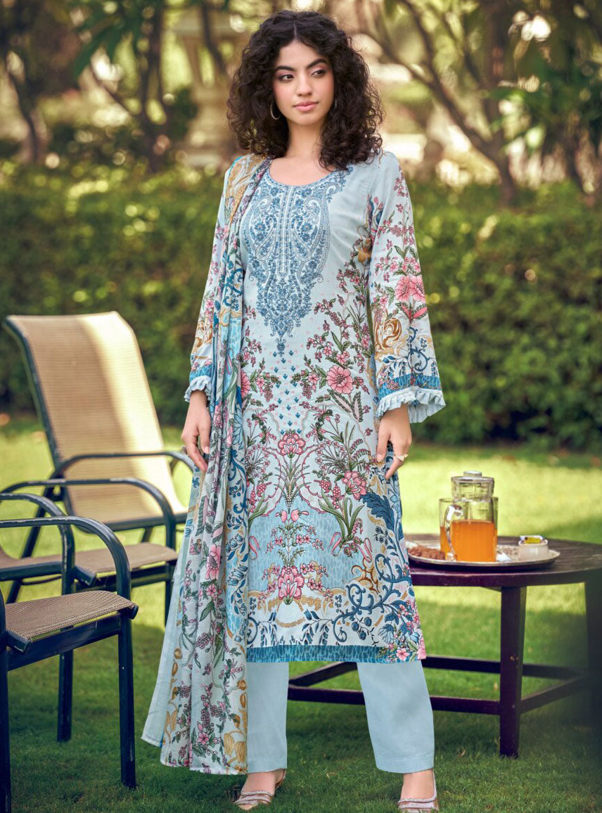 Pakistani Pure Cotton Unstitched Suit Material with Embroidery Blue