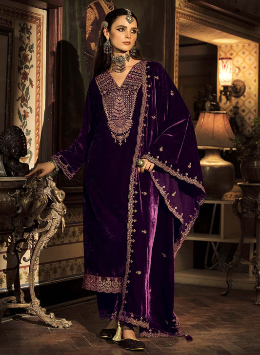Party Wear Unstitched Winter Velvet Salwar Suit Dress Material for Women