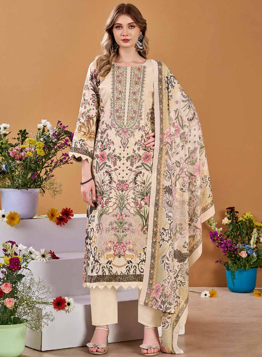 Pakistani Print Pure Cotton Unstitched Salwar Suit Material with Embroidery