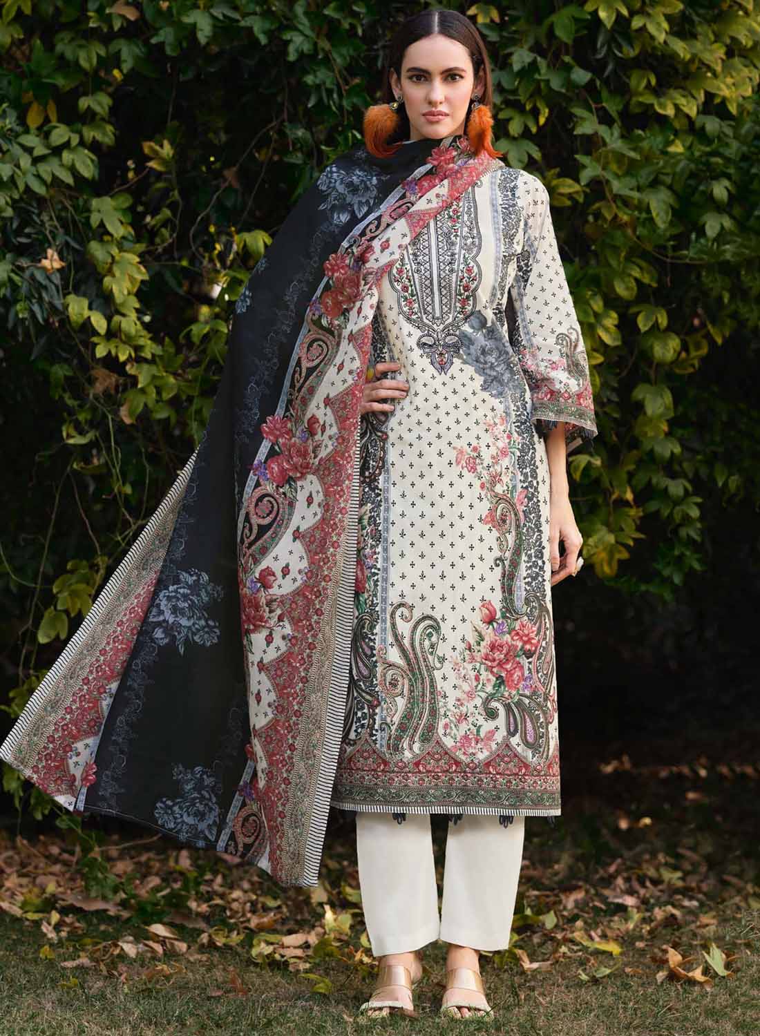 White Pakistani Print Unstitched Pure Cotton Salwar Suit Material with Embroidery