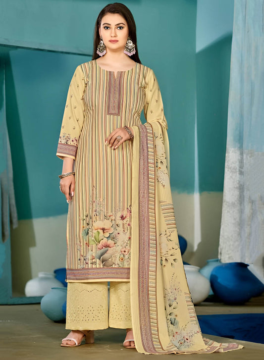 Rivaa Pure Cotton Yellow Printed Unstitched Suit Material for Women