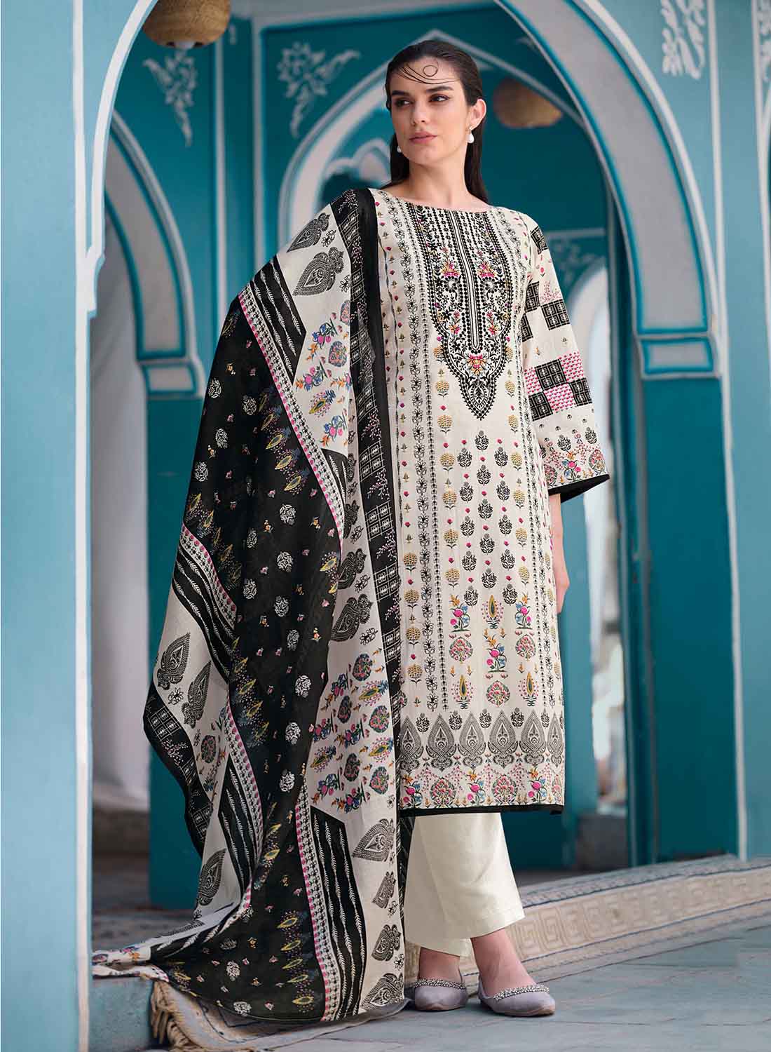 Women's White Pakistani Print Unstitched Cotton Suit Dress Material