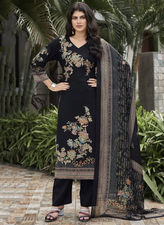 Black Pashmina Unstitched Winter Salwar Suit Material with Muslin Dupatta