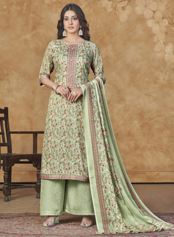 Women's Green Unstitched Cotton Satin Suit Dress Material with Dupatta