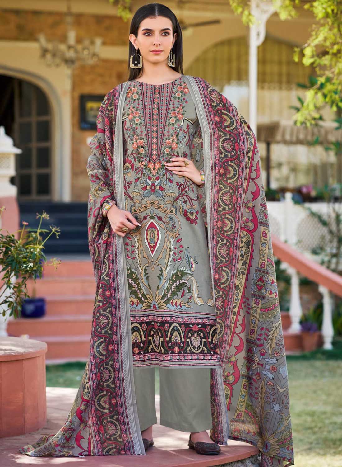Grey Pakistani Print Unstitched Pure Cotton Salwar Suit Material