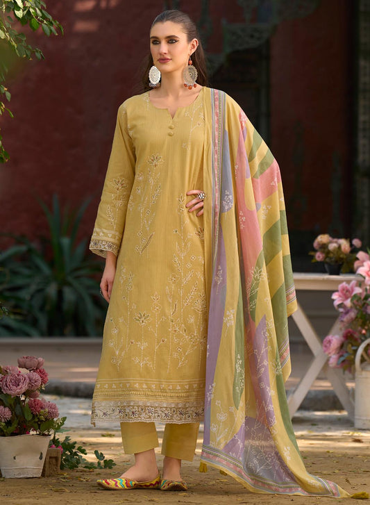 Lawn Cotton Unstitched Beige Salwar Suit Material for Women with Dupatta