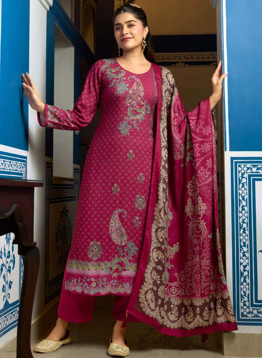 Pink Winter Pashmina Unstitched Salwar Suit Set Material for Women