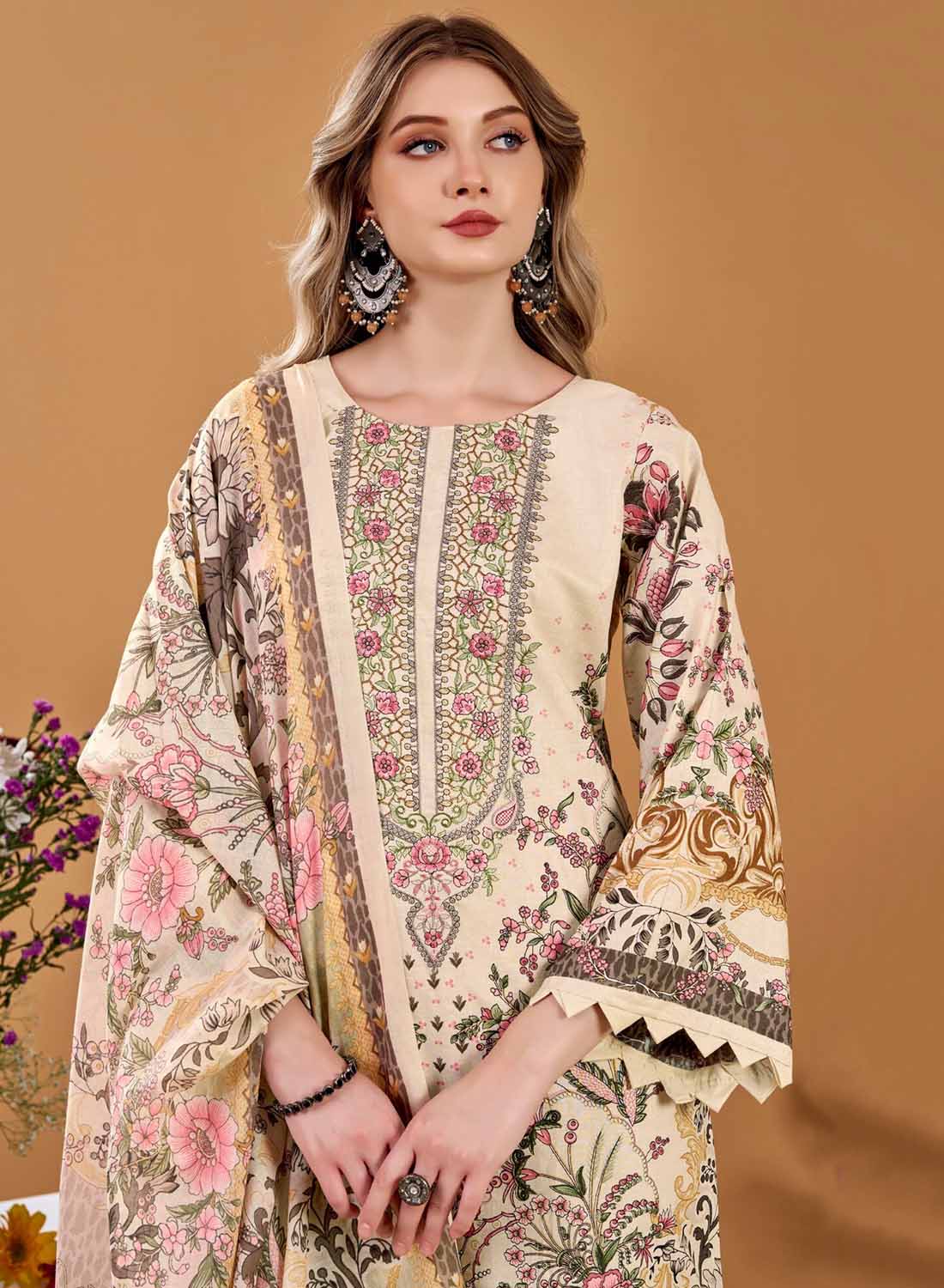 Pakistani Print Pure Cotton Unstitched Salwar Suit Material with Embroidery
