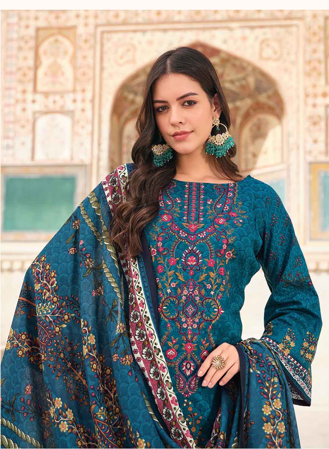 Women's Pakistani Print Unstitched Cotton Suit with Embroidery