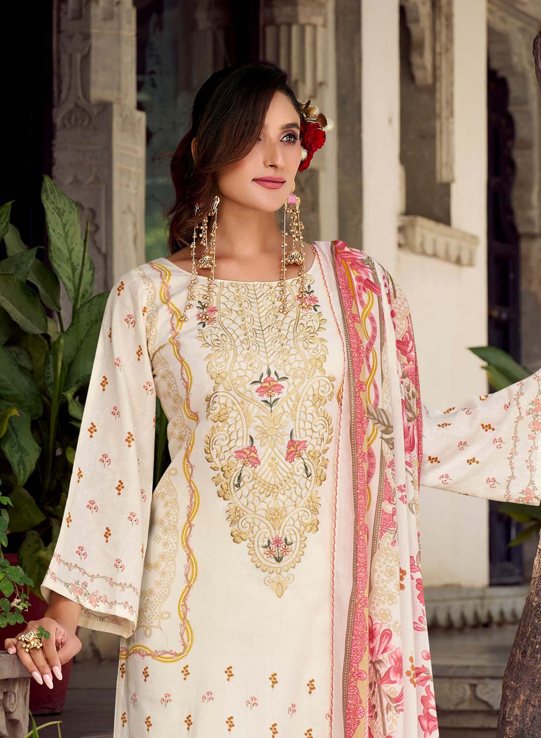 Women's Pakistani Print Unstitched Pure Cotton Suit with Embroidery