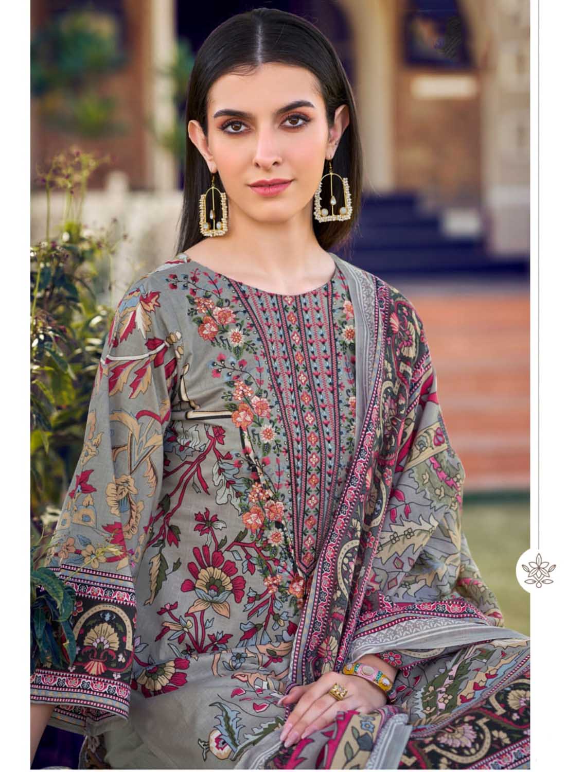 Grey Pakistani Print Unstitched Pure Cotton Salwar Suit Material