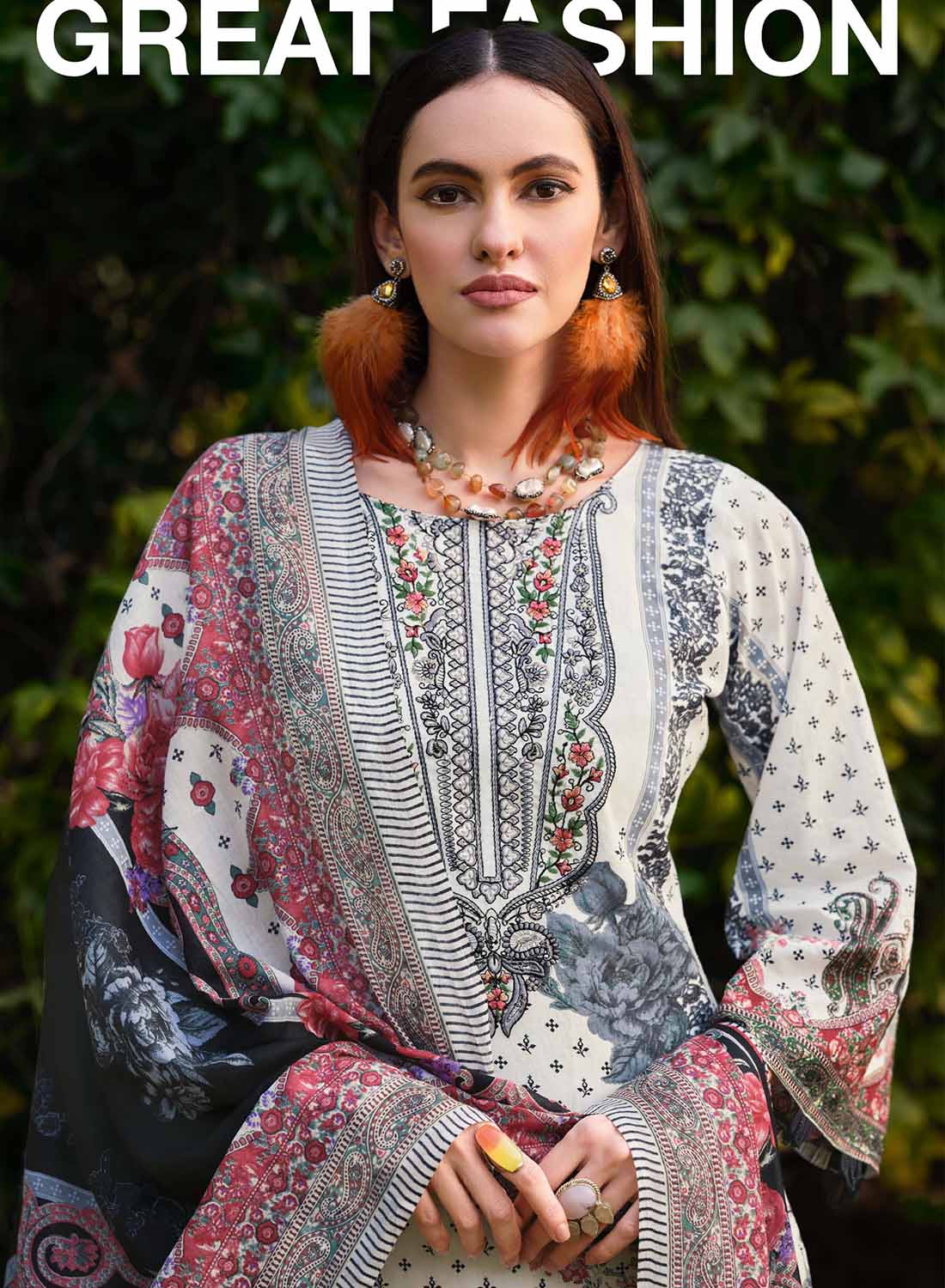 White Pakistani Print Unstitched Pure Cotton Salwar Suit Material with Embroidery