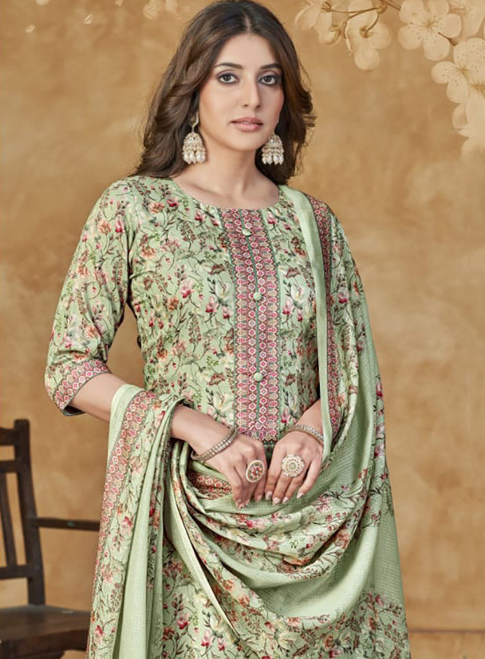 Women's Green Unstitched Cotton Satin Suit Dress Material with Dupatta