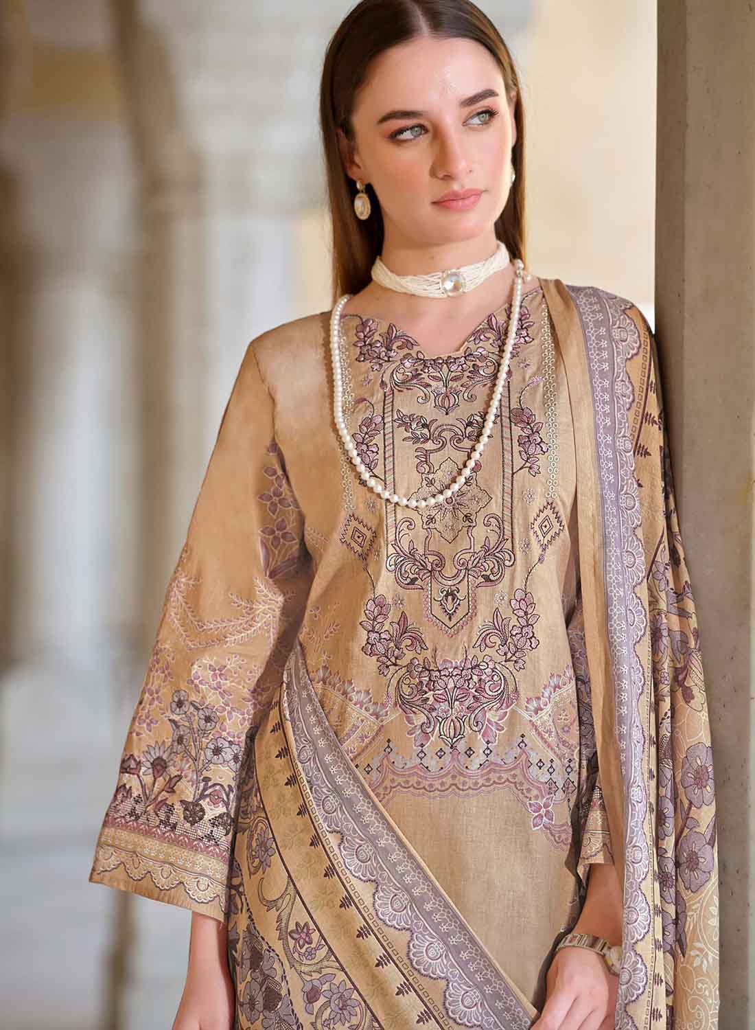 Light Brown Pakistani Print Unstitched Cotton Suit Dress Material