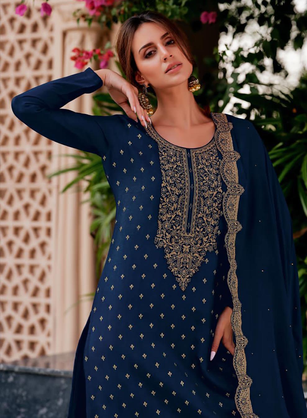 Party Wear Silk Woven Blue Unstitched Suit Material with Embroidery