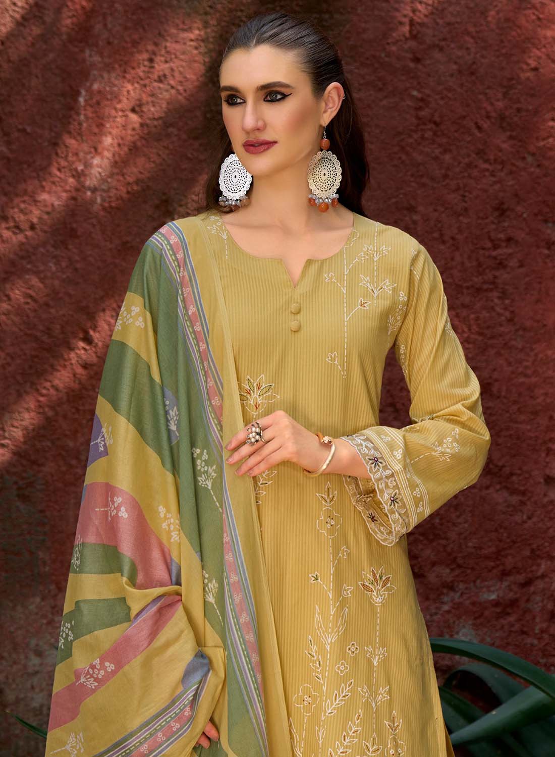 Lawn Cotton Unstitched Beige Salwar Suit Material for Women with Dupatta