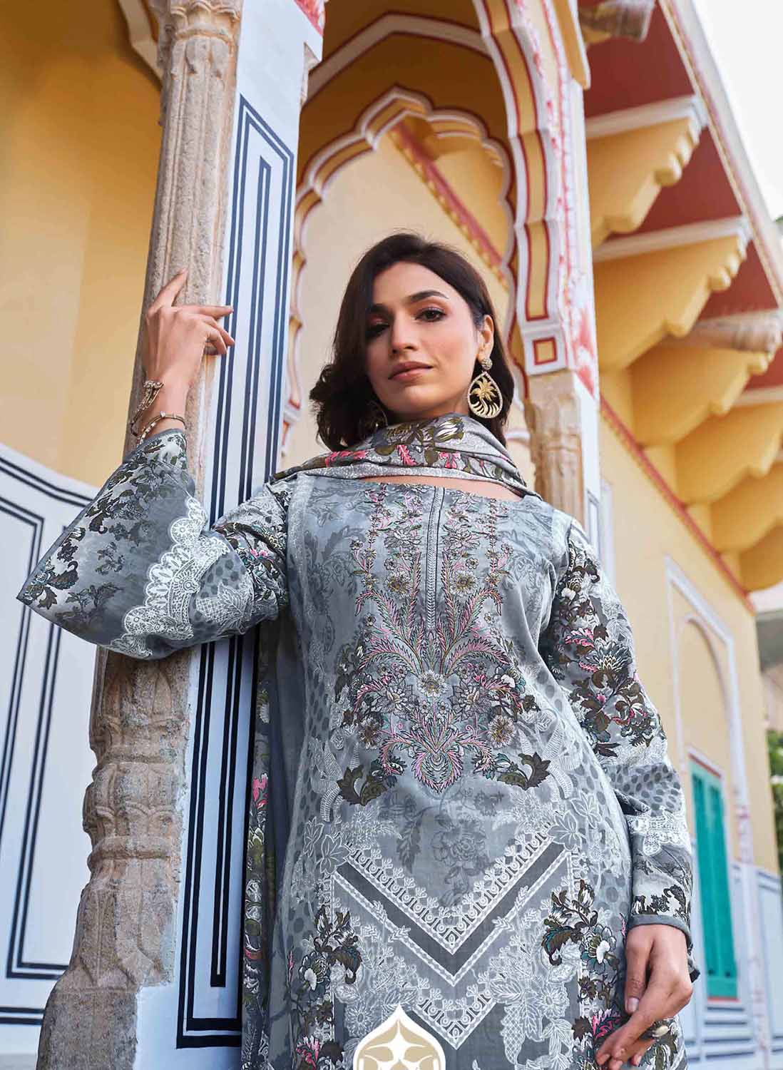 Belliza Pakistani Print Grey Unstitched Women Cotton Suit Material
