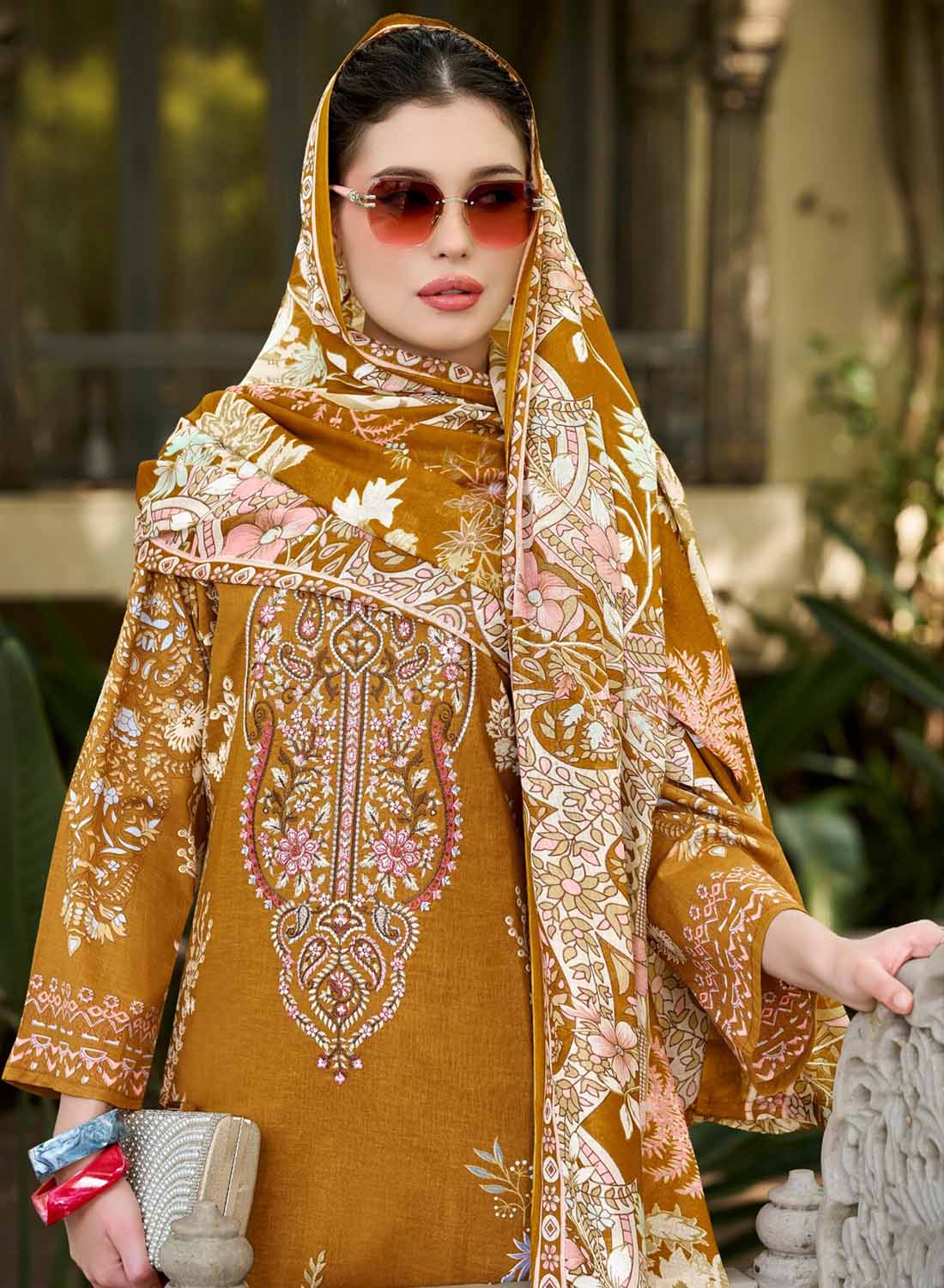 Pakistani Pure Cotton Unstitched Suit Material with Embroidery Mustard