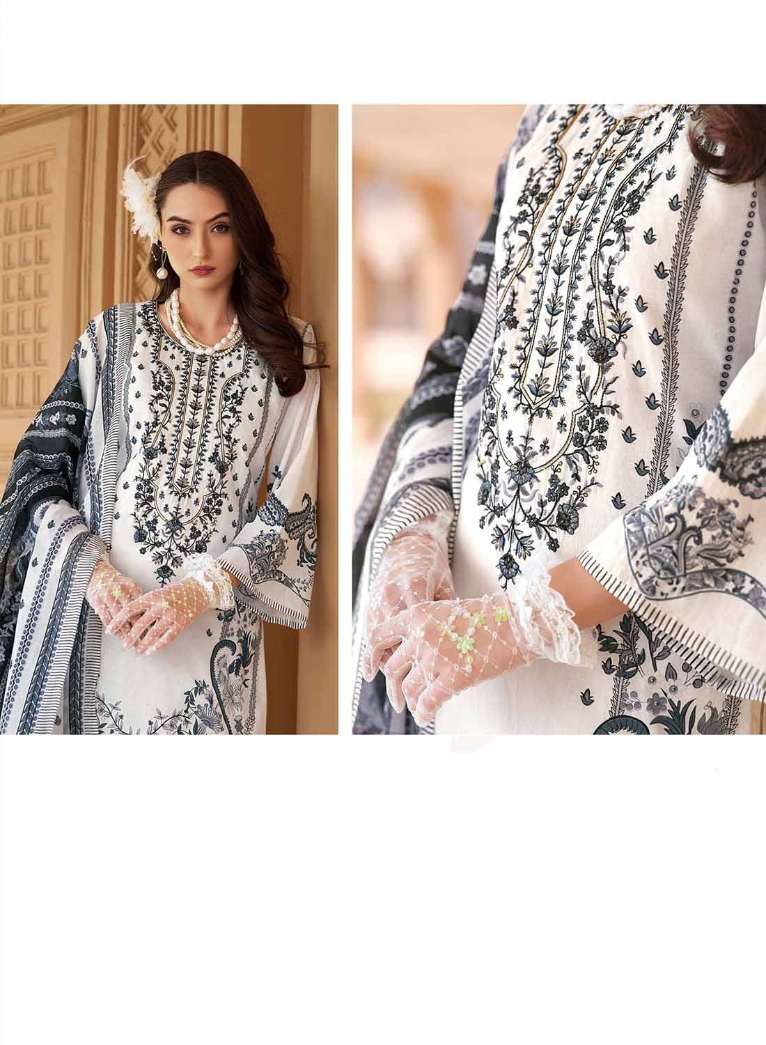 Pakistani Print White Unstitched Pure Cotton Suit Set Material with Embroidery
