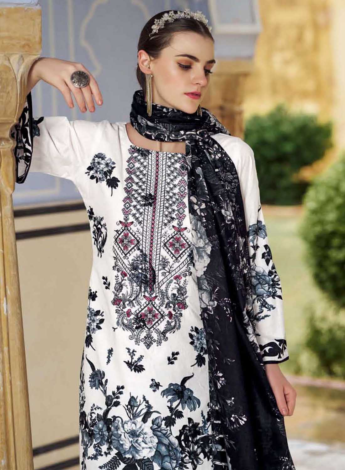 Women's White Pakistani Printed Unstitched Cotton Suit Dress Material