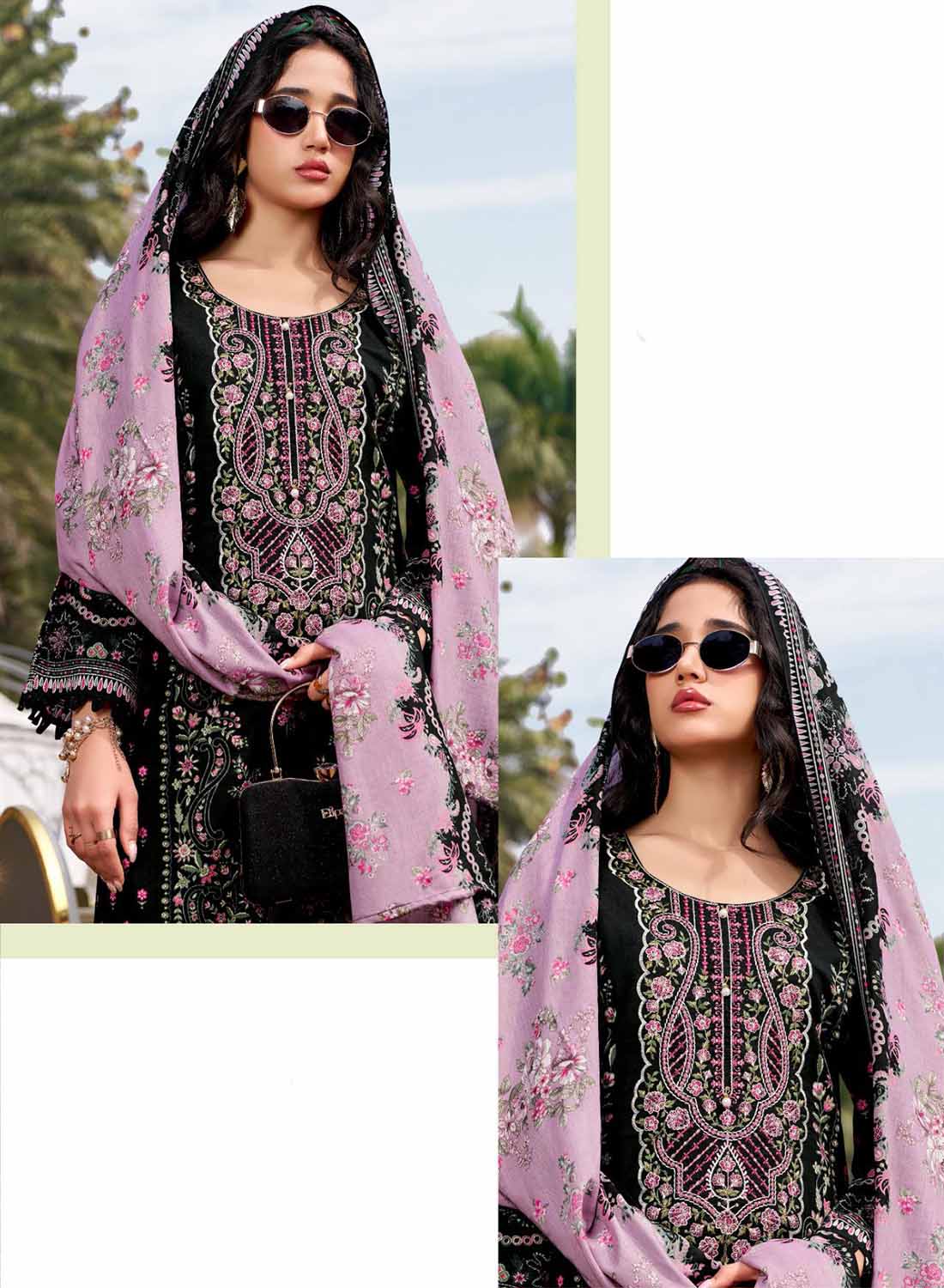 Pakistani Print Pure Cotton Black Unstitched Suit Set Material with Embroidery