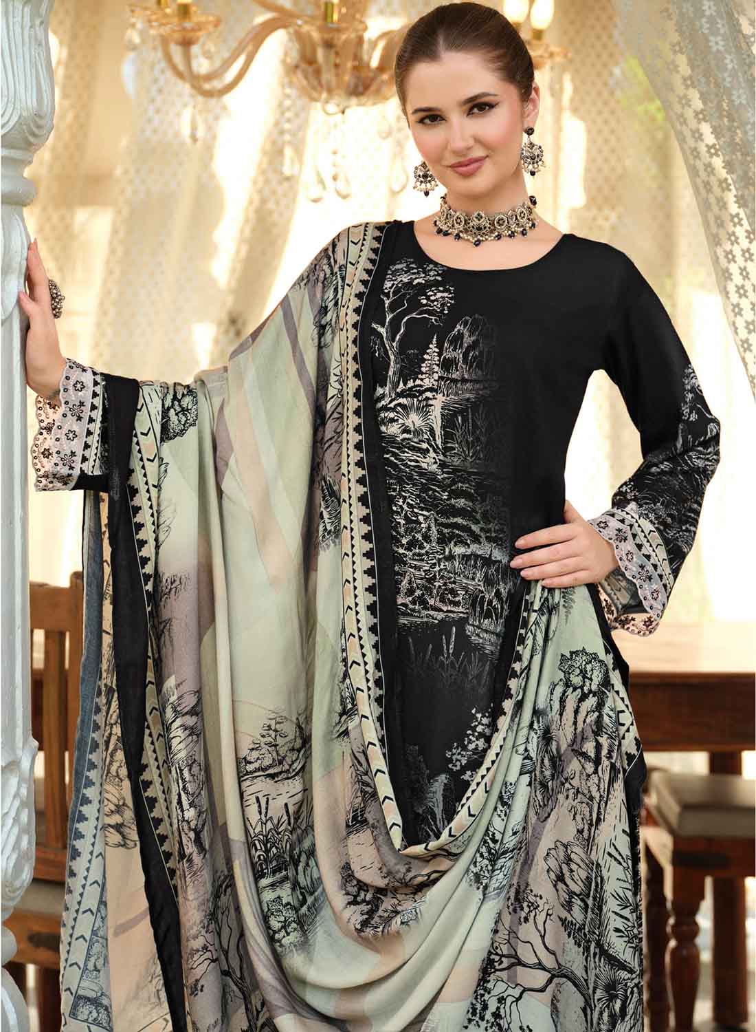 Black Viscose Pashmina Unstitched Winter Salwar Suit Material for Women