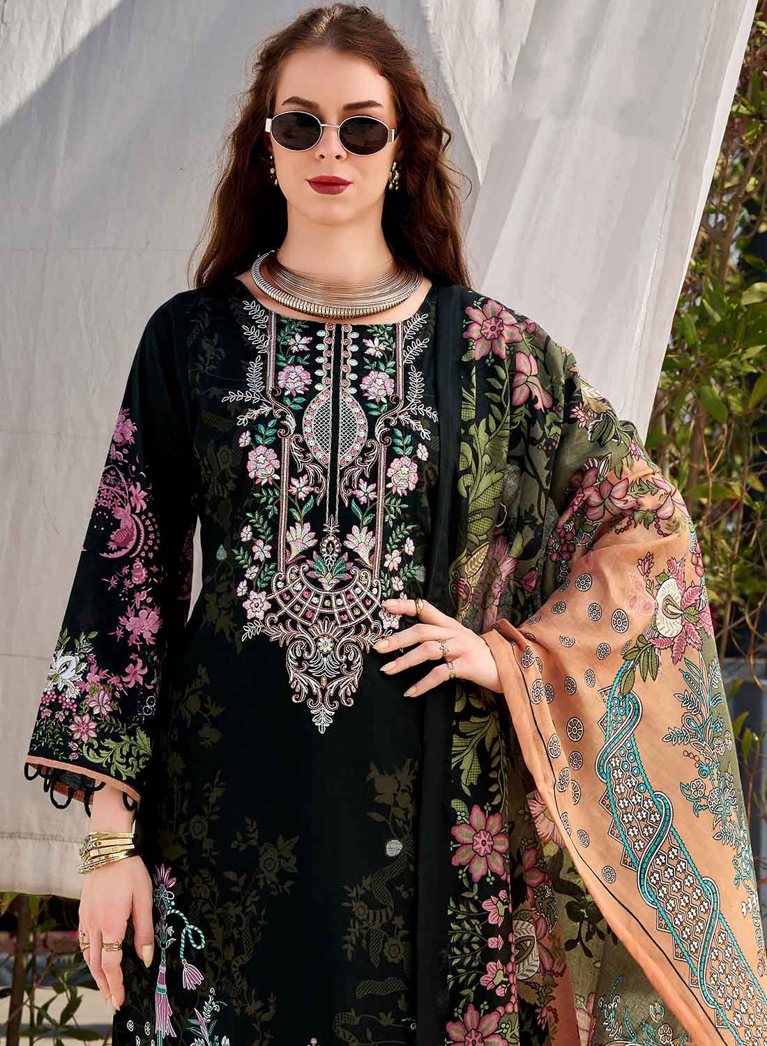 Pakistani Print Pure Cotton Black Unstitched Suit Material with Embroidery