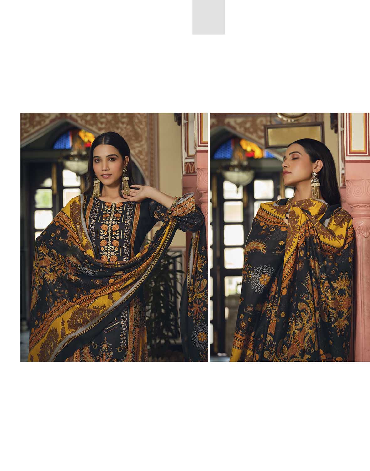 Belliza Pakistani Print Unstitched Cotton Suits with Dupatta Black Belliza
