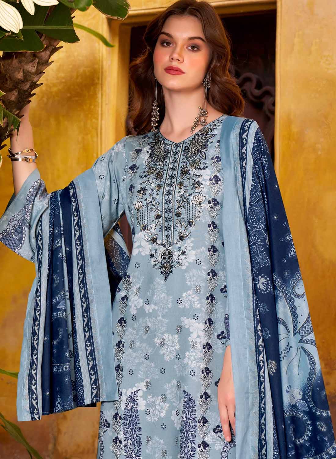 Blue Pure Cotton Pakistani Print Unstitched Salwar Suit Material with Dupatta