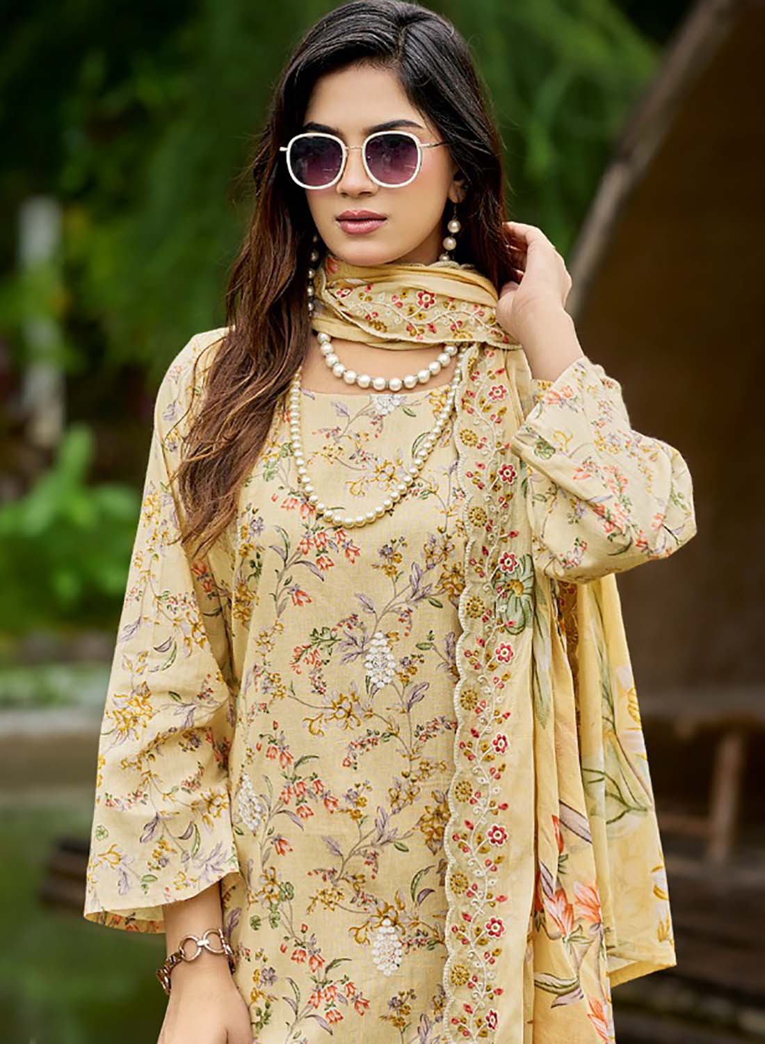 Pakistani Cotton Suit Dress Material for Women Unstitched with Embroidery Beige