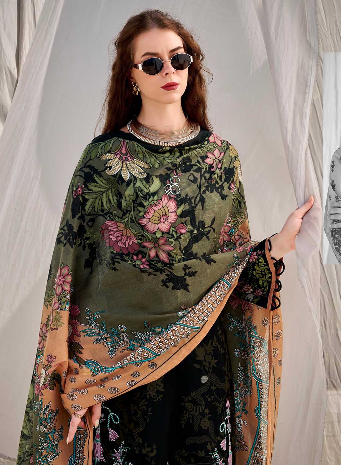 Pakistani Print Pure Cotton Black Unstitched Suit Material with Embroidery