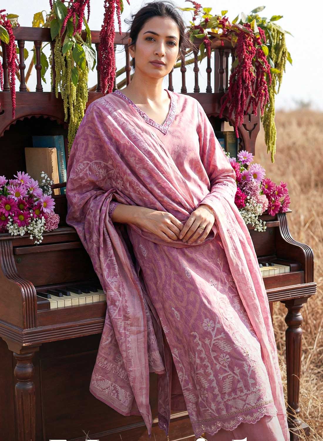 Pure Lawn Cotton Pink Unstitched Suit Dress Material for Women