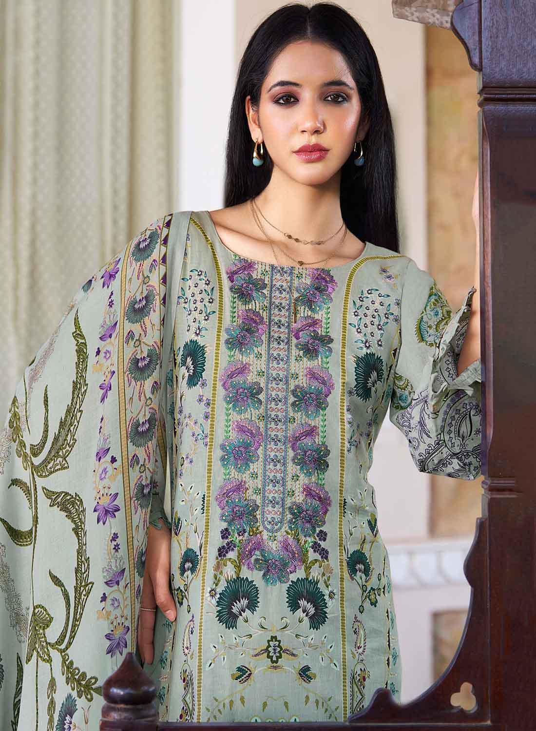 Pakistani Print Grey Unstitched Pure Cotton Suit Set Material with Embroidery