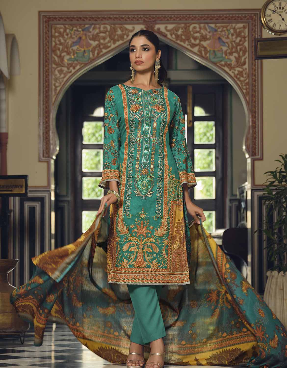 Belliza Pakistani Print Unstitched Cotton Suits Set with Dupatta Green Belliza