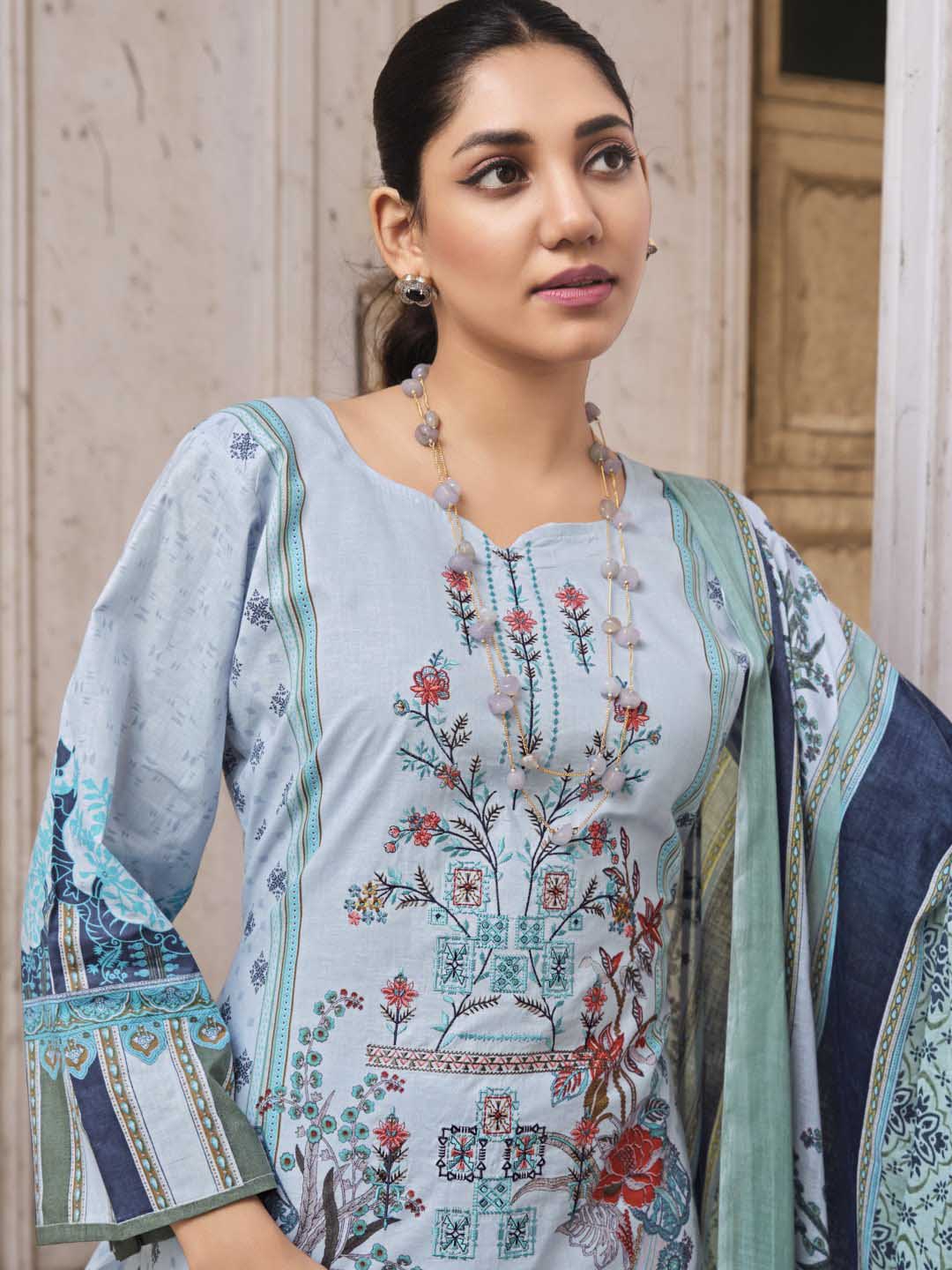 Belliza Pakistani Print Unstitched Women Cotton Suit Material Blue Belliza