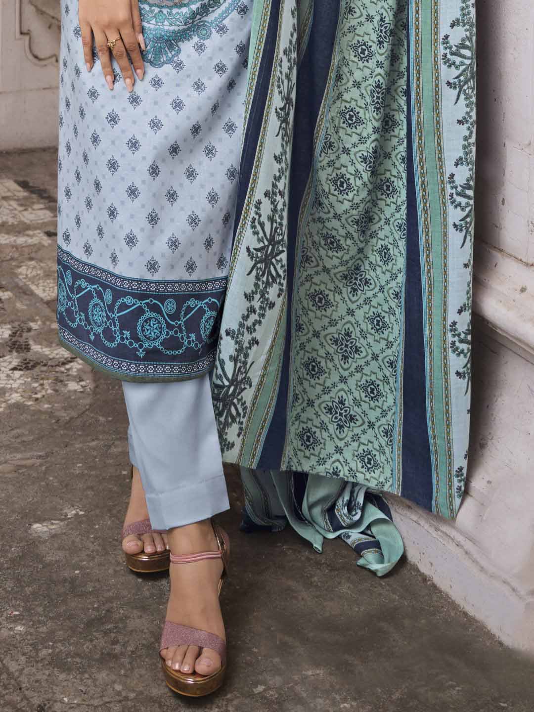 Belliza Pakistani Print Unstitched Women Cotton Suit Material Blue Belliza