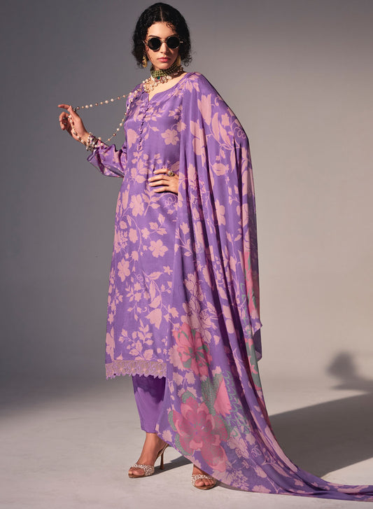 Purple Muslin Silk Party Wear Unstitched Salwar Suit Material for Women