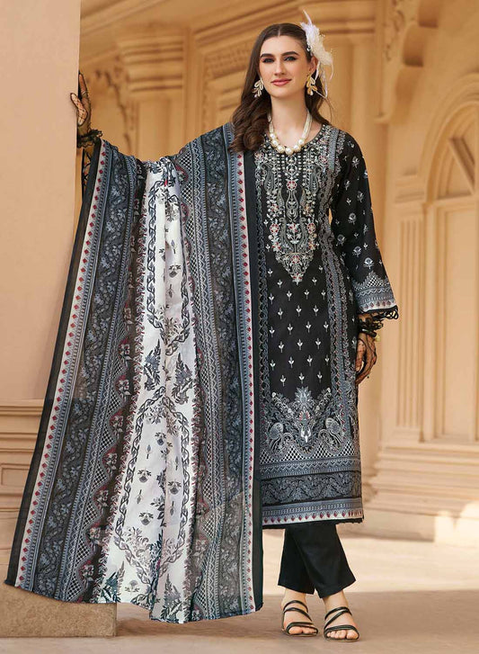Pakistani Print Black Unstitched Pure Cotton Suit Set Material with Embroidery