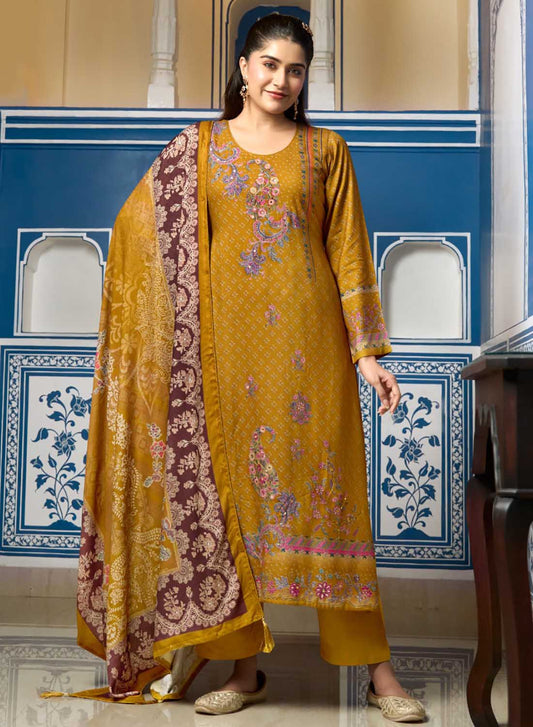 Mustard Winter Pashmina Unstitched Salwar Suit Set Material for Women