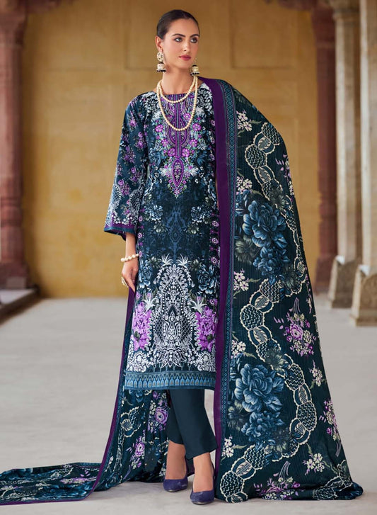 Blue Pakistani Print Unstitched Cotton Suit Material with Embroidery