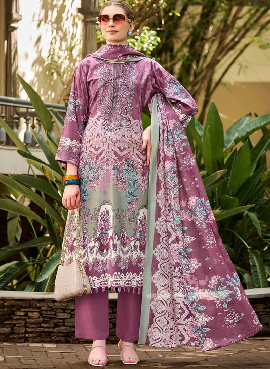 Pakistani Pure Cotton Unstitched Suit Material with Embroidery Purple